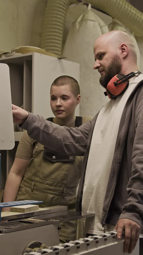 Furniture Maker Explaining Female Apprentice How to Use Industrial Machine Stock-Footage 293310231