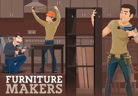 Furniture makers assembling kitchen cabinet vector Stock Illustration