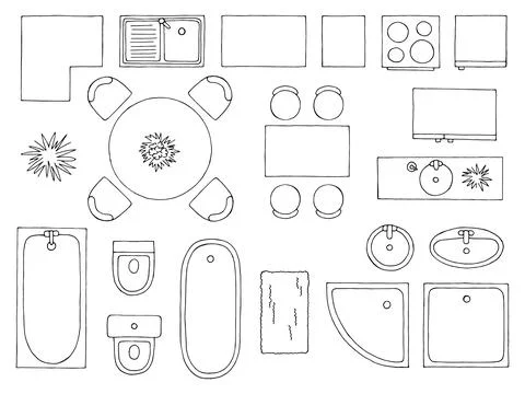Furniture set floor plan architect design element graphic black white top sketch Stock Illustration