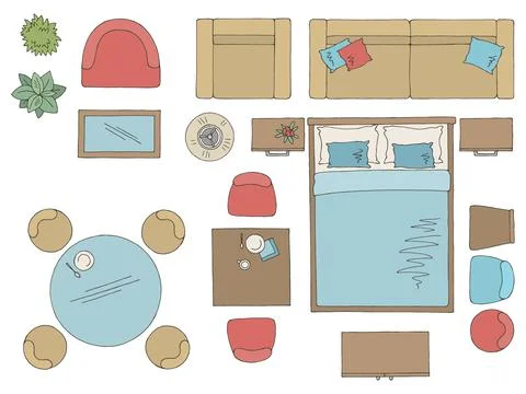 Furniture set floor plan architect design element graphic color top sketch aeria Stock Illustration