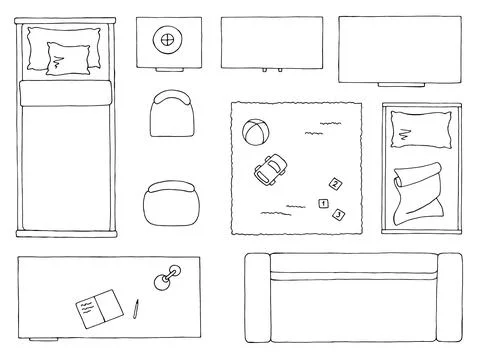 Furniture set floor plan architect design children room element graphic black wh Stock Illustration
