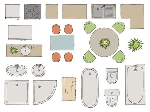 Furniture set floor plan architect design color top sketch isolated vector Stock Illustration