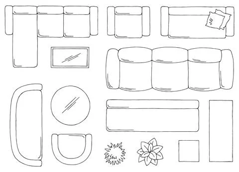 Furniture set floor plan architect design coloring top sketch isolated vector Stock Illustration