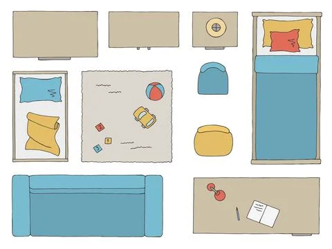 Furniture set floor plan architect design color top sketch isolated vector 스톡 일러스트