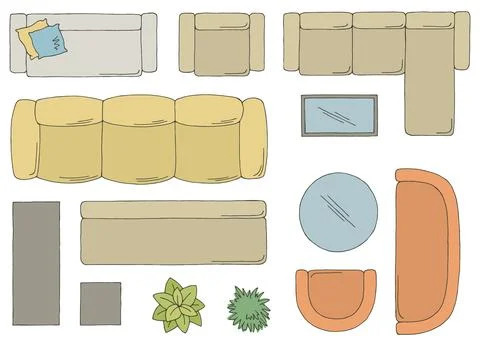 Furniture set floor plan architect design color top sketch isolated vector 스톡 일러스트