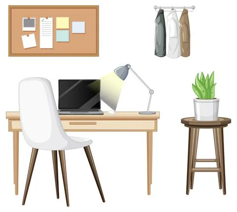 Furniture set for workspace interior design on white background Stock Illustration