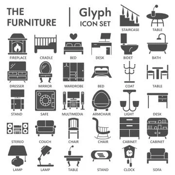 Furniture solid icon set, home decor symbols collection or sketches. Furniture Illustrazione stock