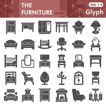 Furniture solid icon set, House design symbols collection or sketches. Home and Illustrazione stock