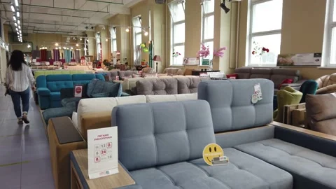 Furniture store, exhibition of sofas and kitchen furniture Stock Footage 138767435