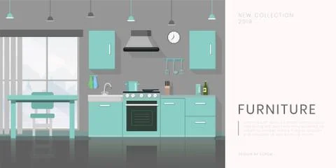 Furniture store flat banner vector template. Contemporary kitchen equipment sale Stock Illustration