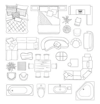 Furniture Top view vector line art isolated. Stock Illustration