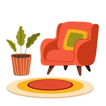 Furniture vector illustration set. Flat design house with armchair, lamp dr.. Stock Illustration