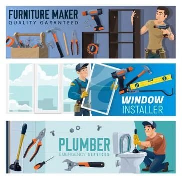 Furniture, window install, plumber vector banner Stock Illustration