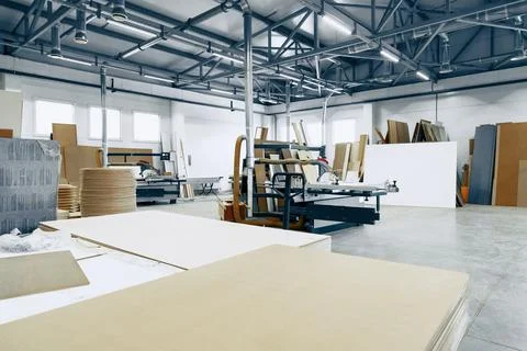 Furniture workshop space with tools and materials at work Stock Photos