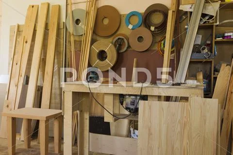 Furniture workshop, woodworking shop, interior Stock Photos