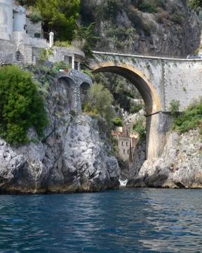 Furore fjord bridge seen from the sea, amalfi coast, italy Stock Photos