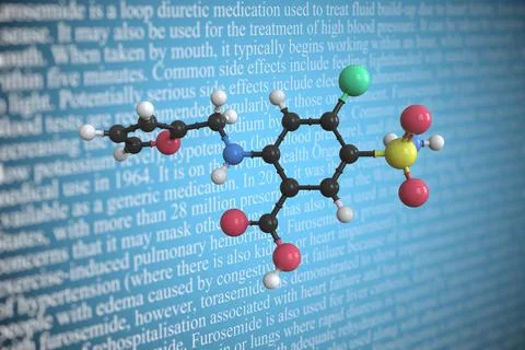 Furosemide scientific molecular model, 3D rendering Stock Illustration