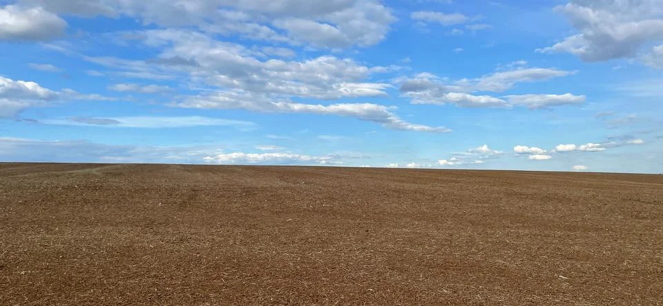 Furrows row pattern in a plowed field prepared for planting crops in spring.  Stock Photos