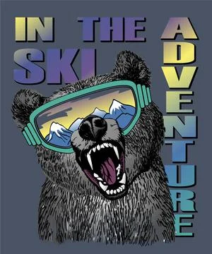 Furry bear roars in ski goggles with text in the ski adventure. Illustrazione stock