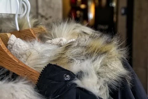 Furry Jacket Coat Collar Closeup Winter Cold Weather Fashion on Rack in Store Stock Photos