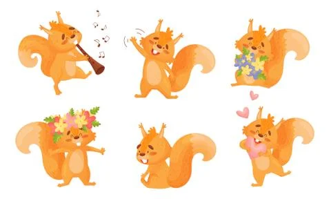 Furry Orange Squirrel Character Playing Flute and Holding Bunch of Flowers Stock Illustration
