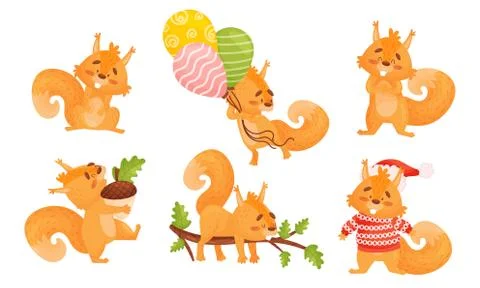 Furry Orange Squirrel Character Sleeping on Tree Branch and Wearing Winter Stock Illustration