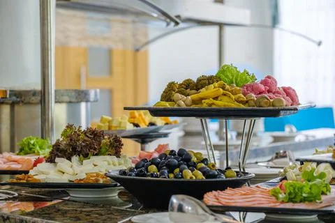 Furshet table with buffet appetizers, A variety of salads in cups. Closeup Fotos de archivo