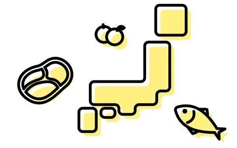Furusato, a simple line drawing icon of a map of Japan and its specialties Stock Illustration