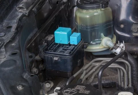 Fuse block and power steering fluid reservoir Stock Photos