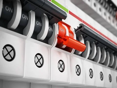 Fuseboxes with only one in on position. 3D illustration Fuseboxes with onl... Stock Photos