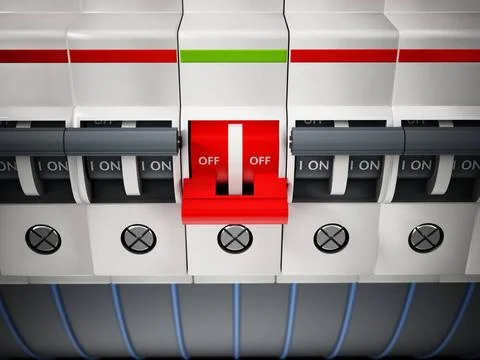Fuseboxes with only one in on position. 3D illustration Fuseboxes with onl... Stock Photos