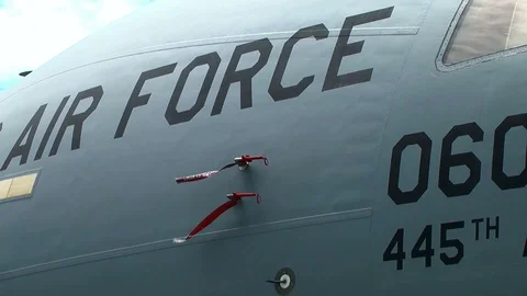 Fuselage of large US Air Force cargo aircraft C-17 Stock Footage 91470843