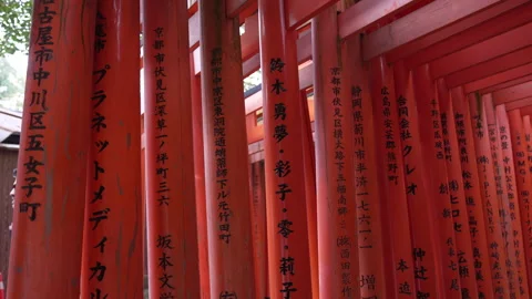 Fushimi Inari Shrines - Torii Gate Kyoto - kanji on red pillars Vídeo Stock 242434288