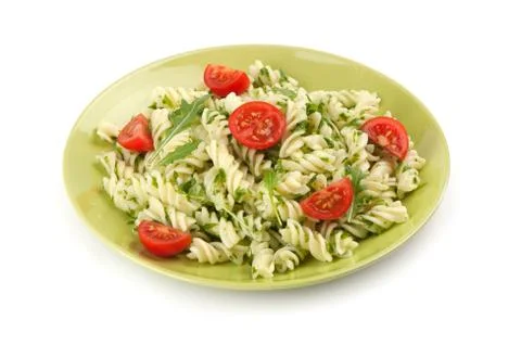 Fusilli pasta with arugula Stock Photos