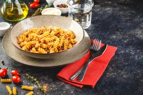 Fusilli pasta Bolognese Stock Photos