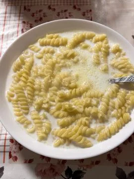 Fusilli pasta in milk serving as simple meal Foto stock