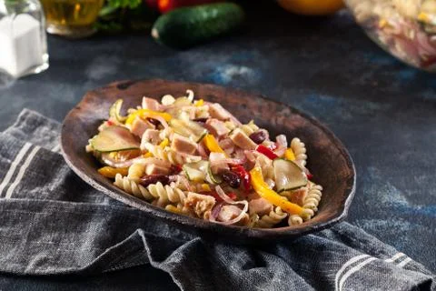 Fusilli pasta salad with smoked turkey Stock Photos