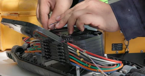 Fusion of Fiber Optics Cable Internet signal splicing and wire connection using  Vídeos de archivo 211027095