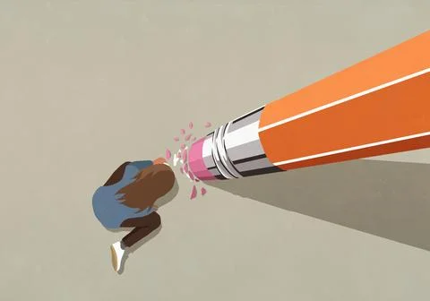 Futility - large pencil eraser erasing as girl draws Ilustração Stock