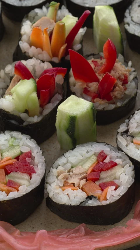 Futomaki sushi. Close up view, vertical video. Stock Footage 277216560
