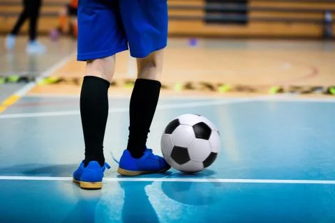 Futsal Junior Player on Indoor Training. Soccer Winter Class at School Indoor Stock Photos
