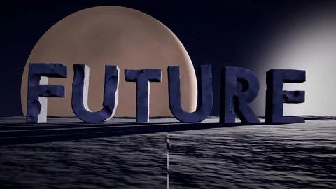 Future 3D Stone Text on an Alien Plateau with a Rising Planet Stock Illustration