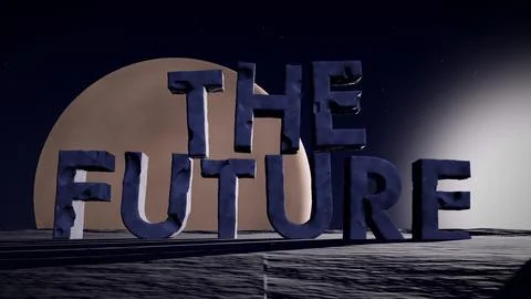 The Future 3D Stone Text on an Alien Plateau with a Rising Planet Stock Illustration