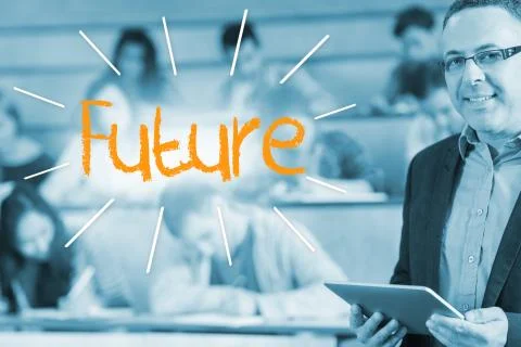 Future against lecturer standing in front of his class in lecture hall Stock Illustration