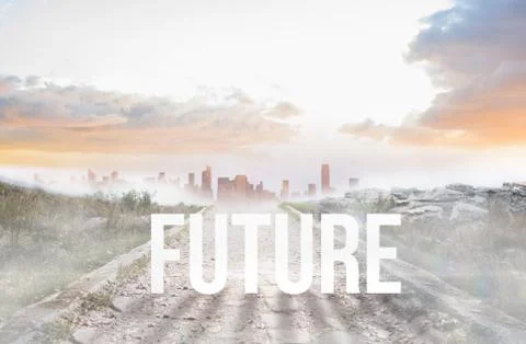 Future against stony path leading to misty city horizon Ilustración de archivo