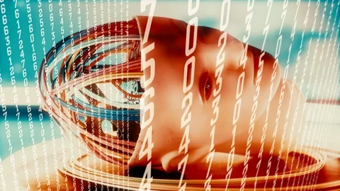Future ai algorithms and robot girl artificial head, computer data flow 4k Stock Footage 99816196