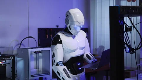 Future AI concept. Smart automated white cyborg using laptop for computer work Stock Footage 153745898