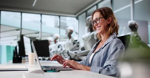 Future Of AI: Robots Taking Over Workforce, Replacing Human Jobs. Stock Photos