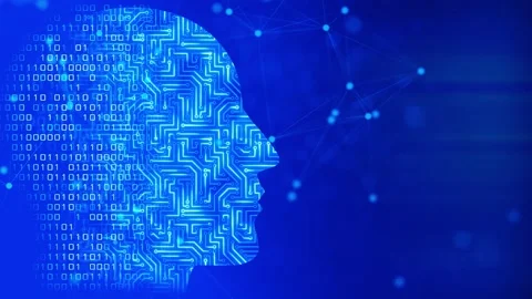 Future AI tech machine learning, face outline circuit board and binary data flow Video stock 178600238