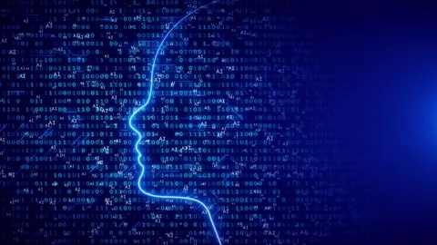 Future AI tech machine learning, face circuit board and binary data flow on blue Stock Footage 247166441